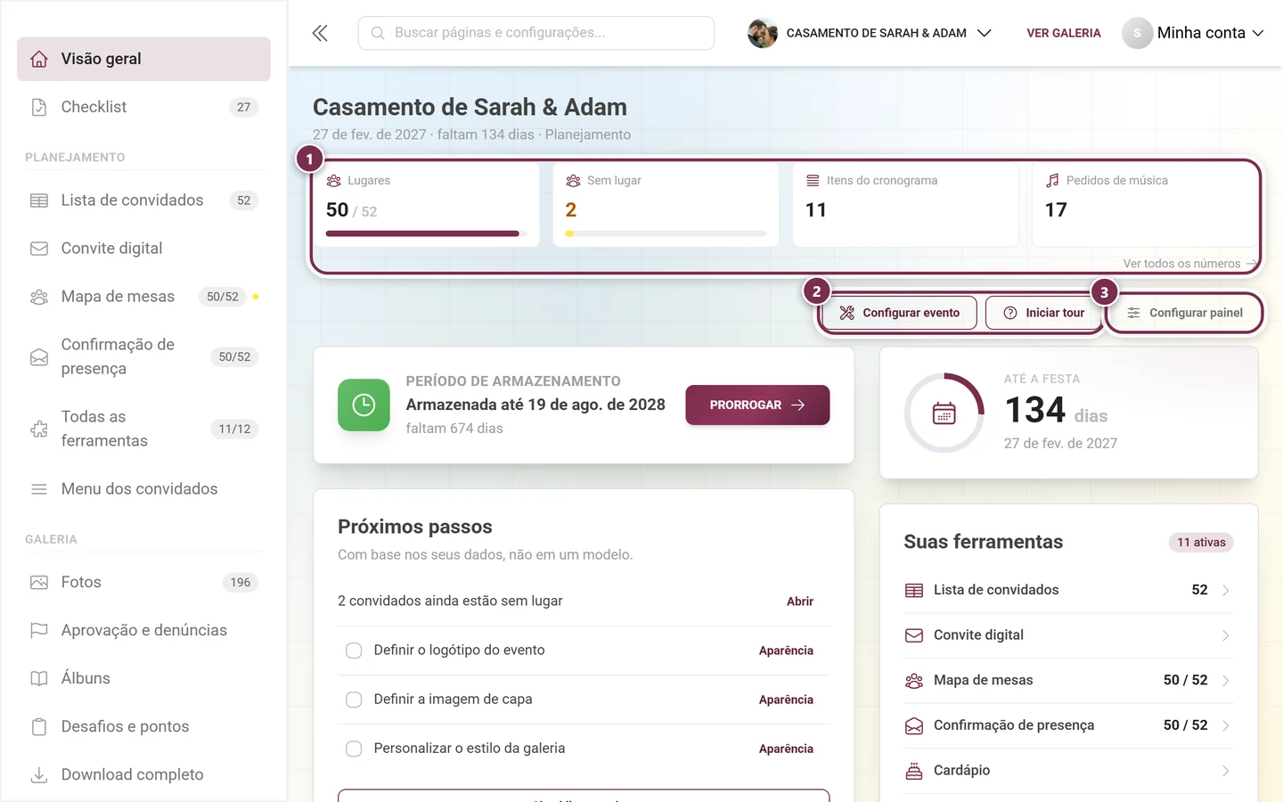 Painel de administração com os botões Configurar evento, Iniciar tour e Configurar painel, além do cartão Próximos passos
