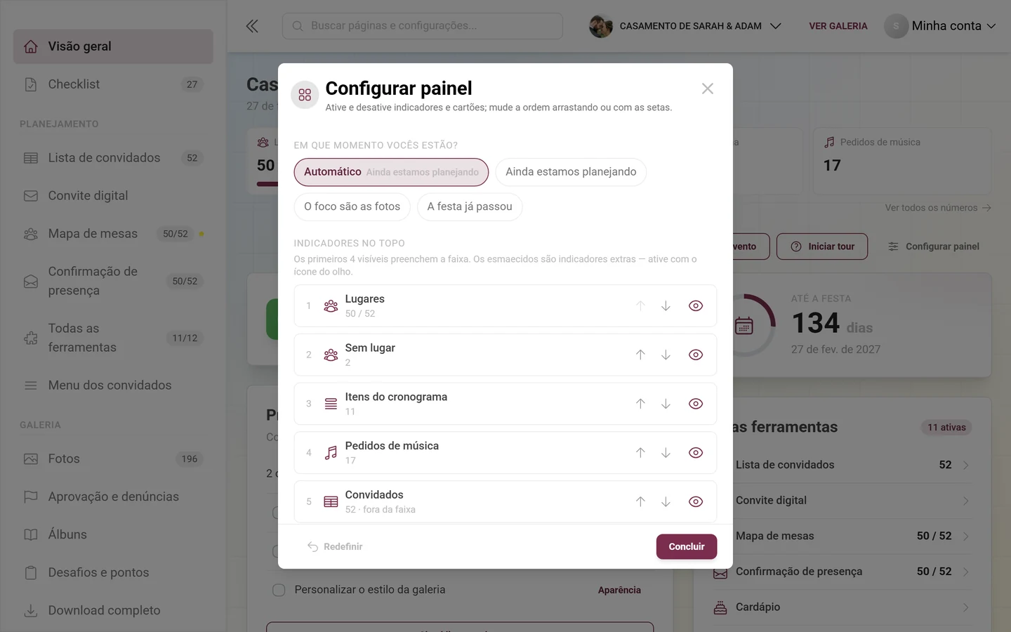 O diálogo Configurar painel com as pílulas de fase, os indicadores e a lista de cartões