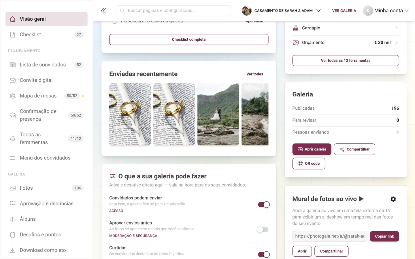 O cartão “Galeria” com números e os botões Abrir galeria, Compartilhar, QR code