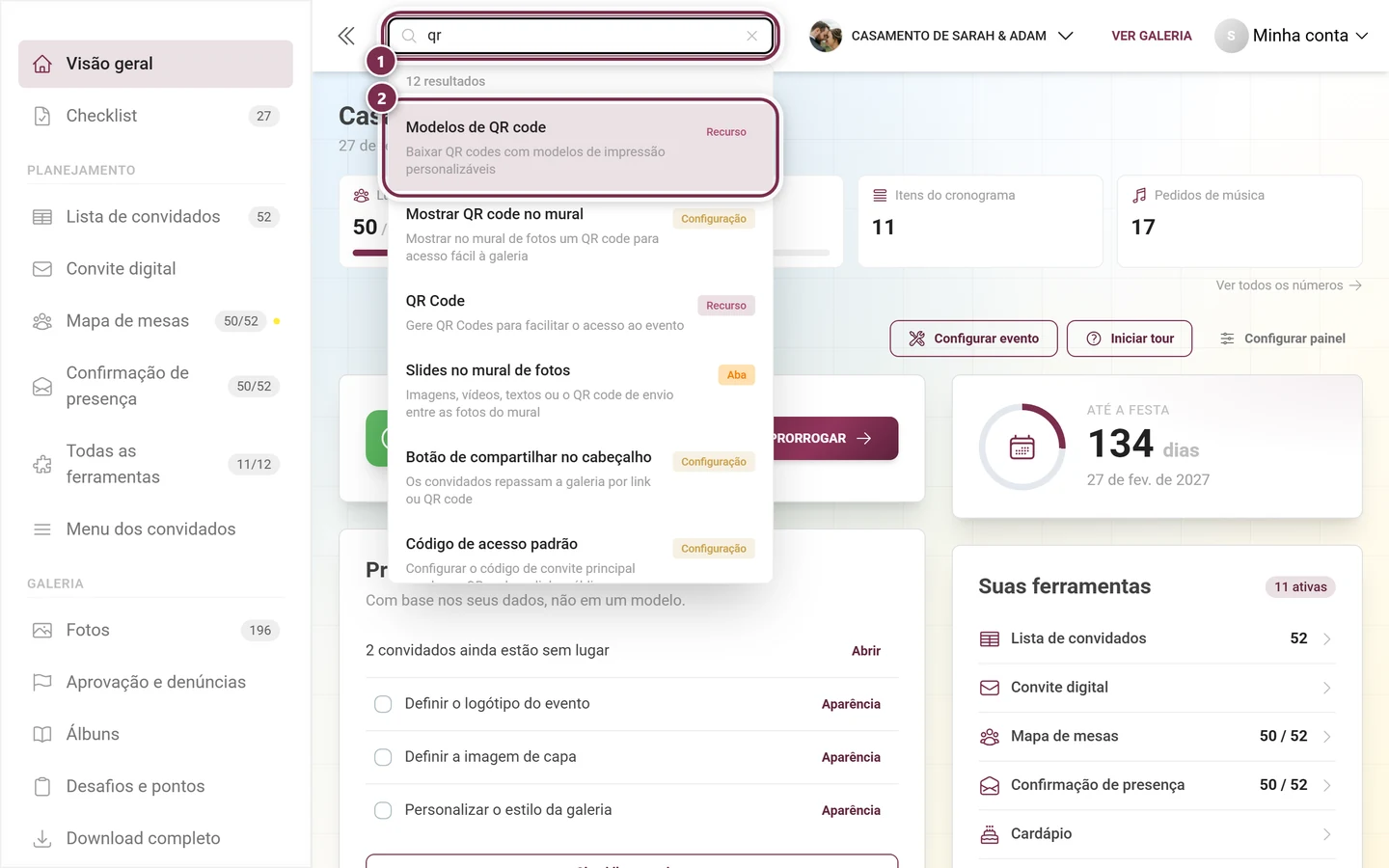 Busca global no cabeçalho da administração com um termo digitado e a lista de resultados aberta