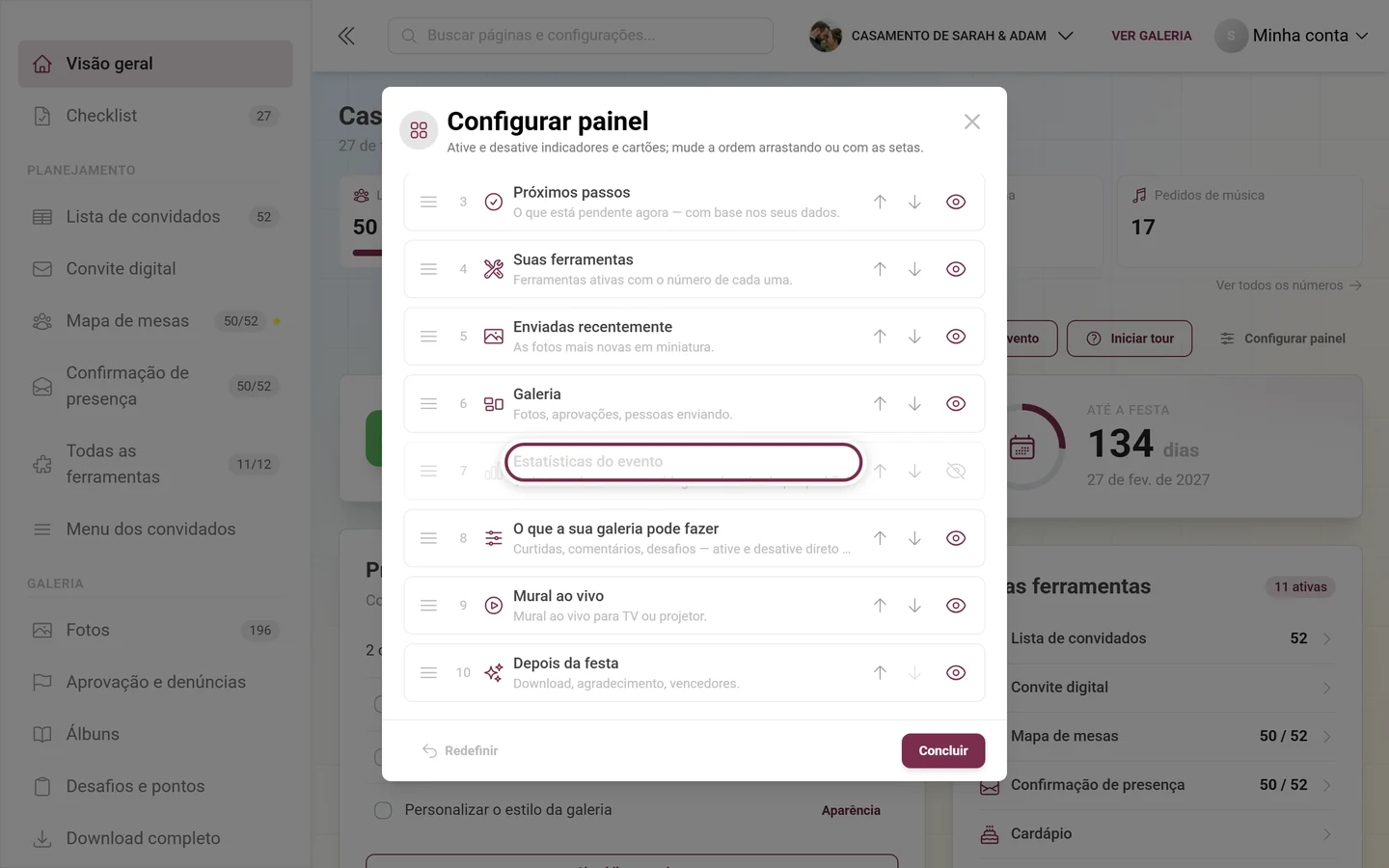 Diálogo Configurar painel com o cartão Estatísticas do evento marcado