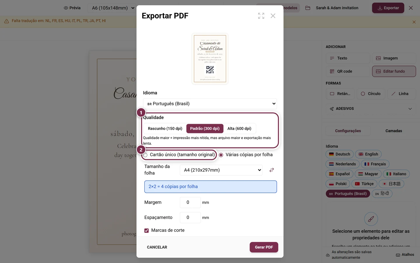 Diálogo de exportação do Design Studio com a seleção de qualidade e a escolha de layout marcadas
