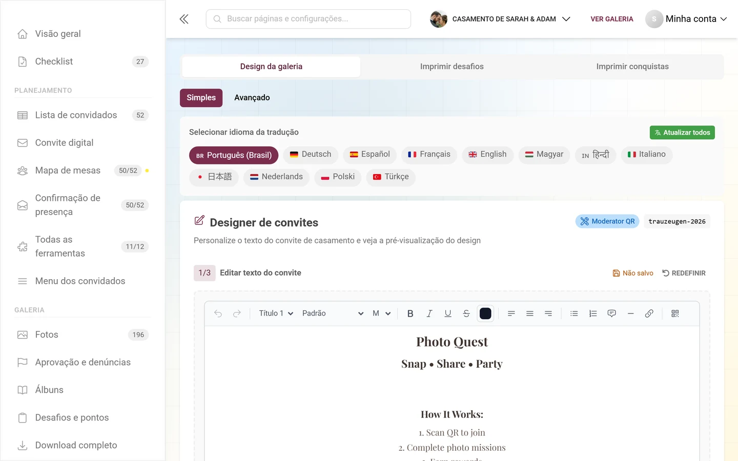 Editor rápido de modelos com barra de ferramentas para adicionar texto e personalizar o convite