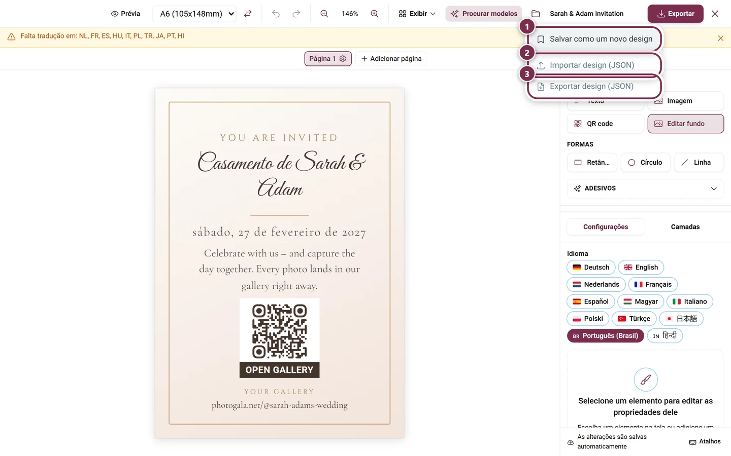 Menu Arquivo aberto com Salvar como um novo design, Importar design e Exportar design