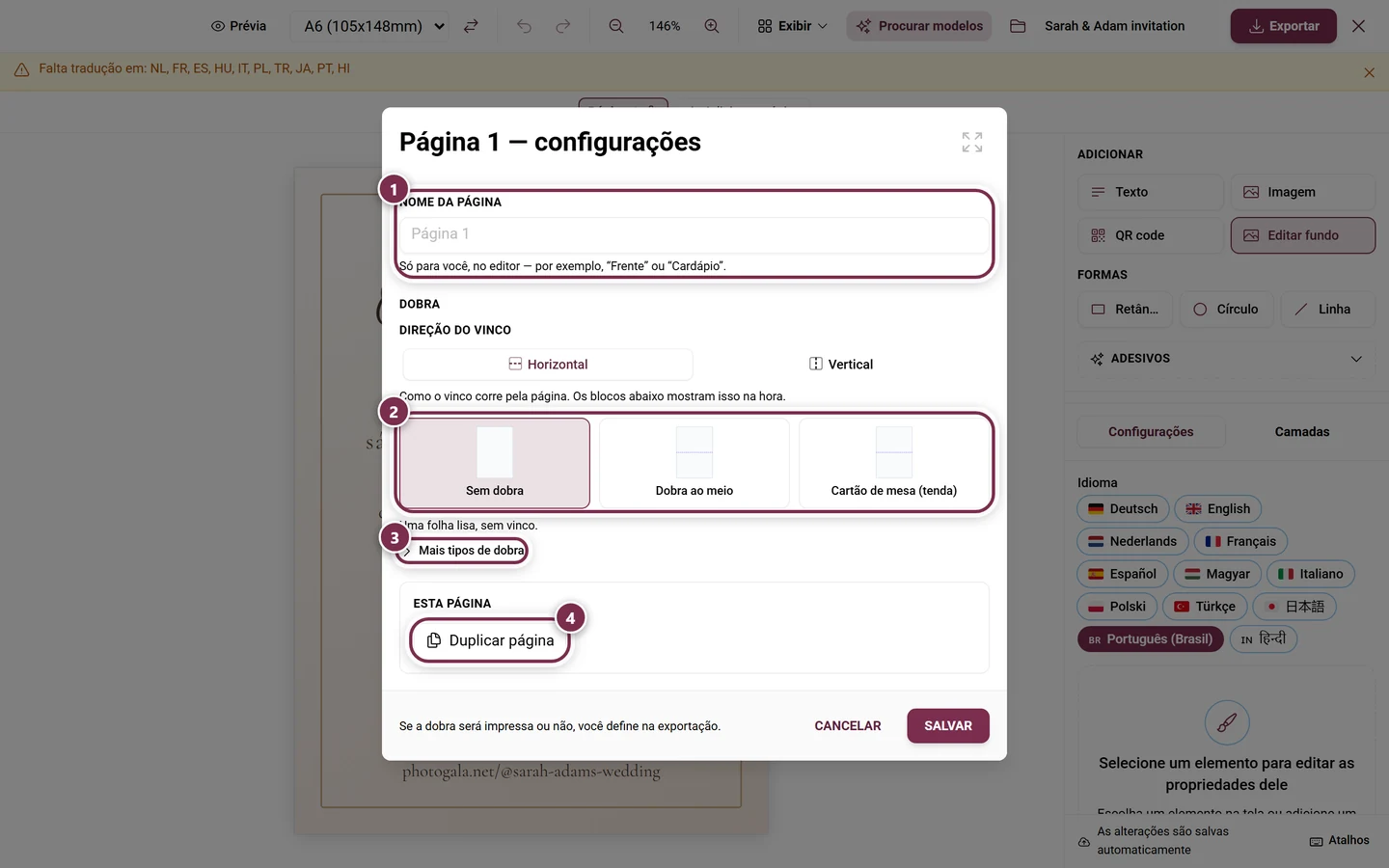 Diálogo Página 1 — configurações com o nome da página e os três tipos de dobra