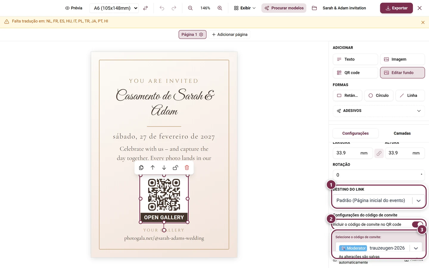 Elemento de QR selecionado com o campo de seleção Destino do link no painel de propriedades