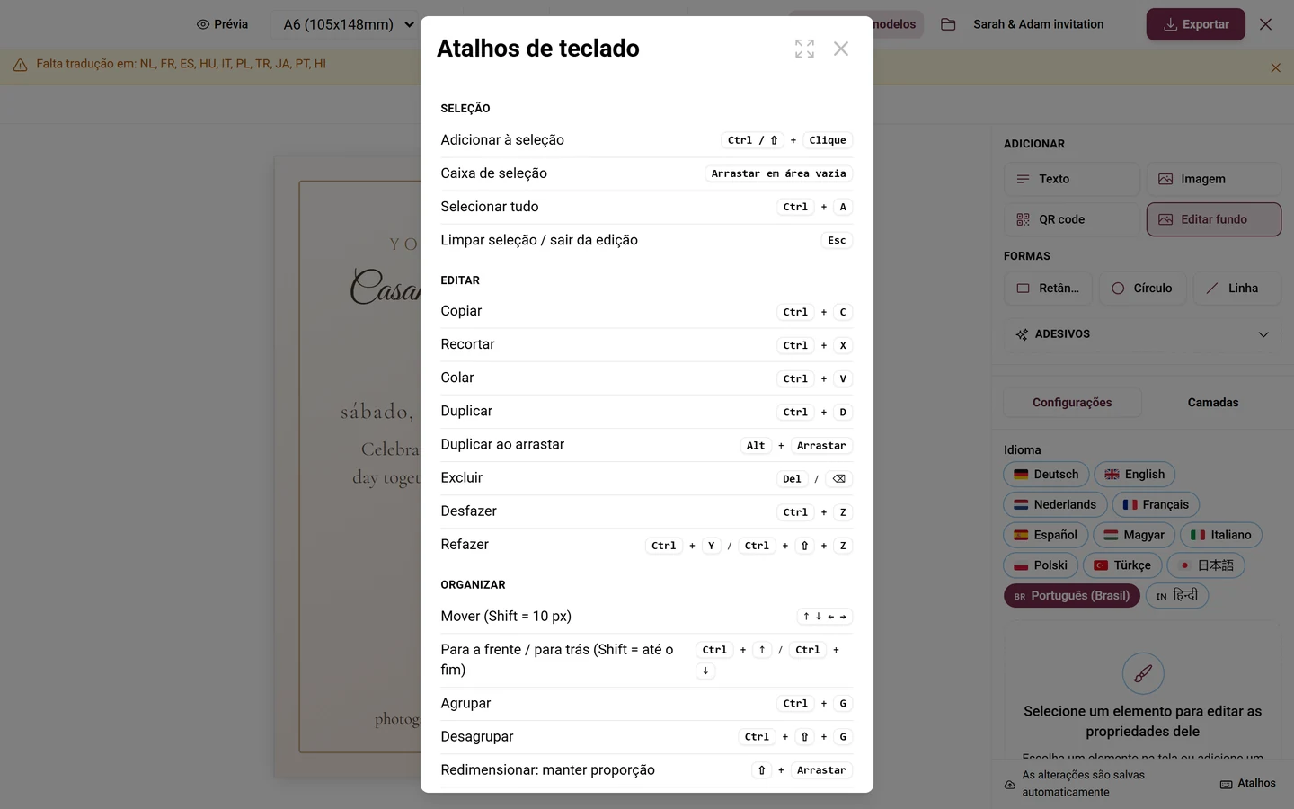 Diálogo Atalhos de teclado com as seções Seleção, Editar, Organizar, Visualização e Transformar