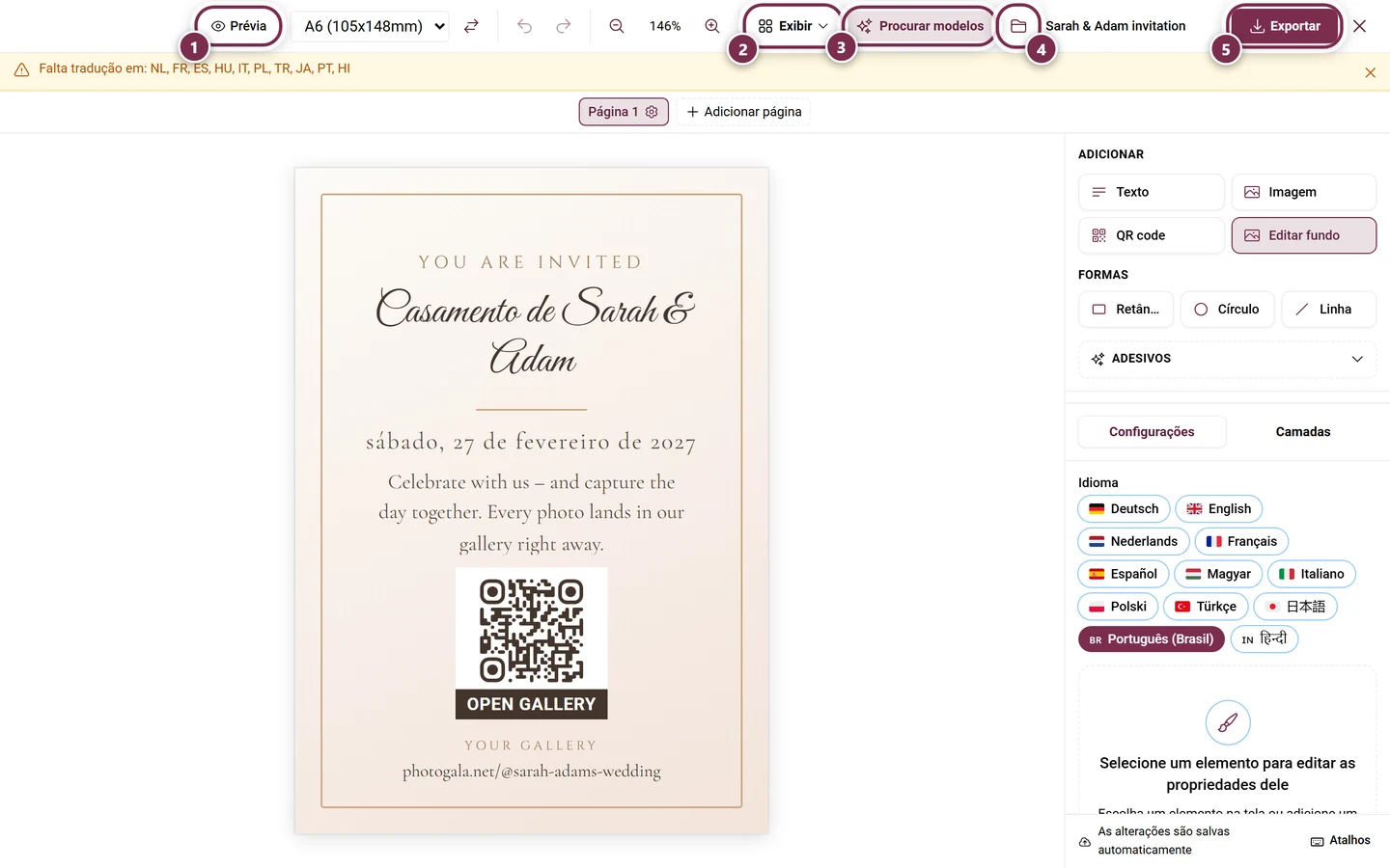 Barra de ferramentas do Design Studio com os botões Prévia, Exibir, Explorar modelos, Arquivo e Exportar marcados