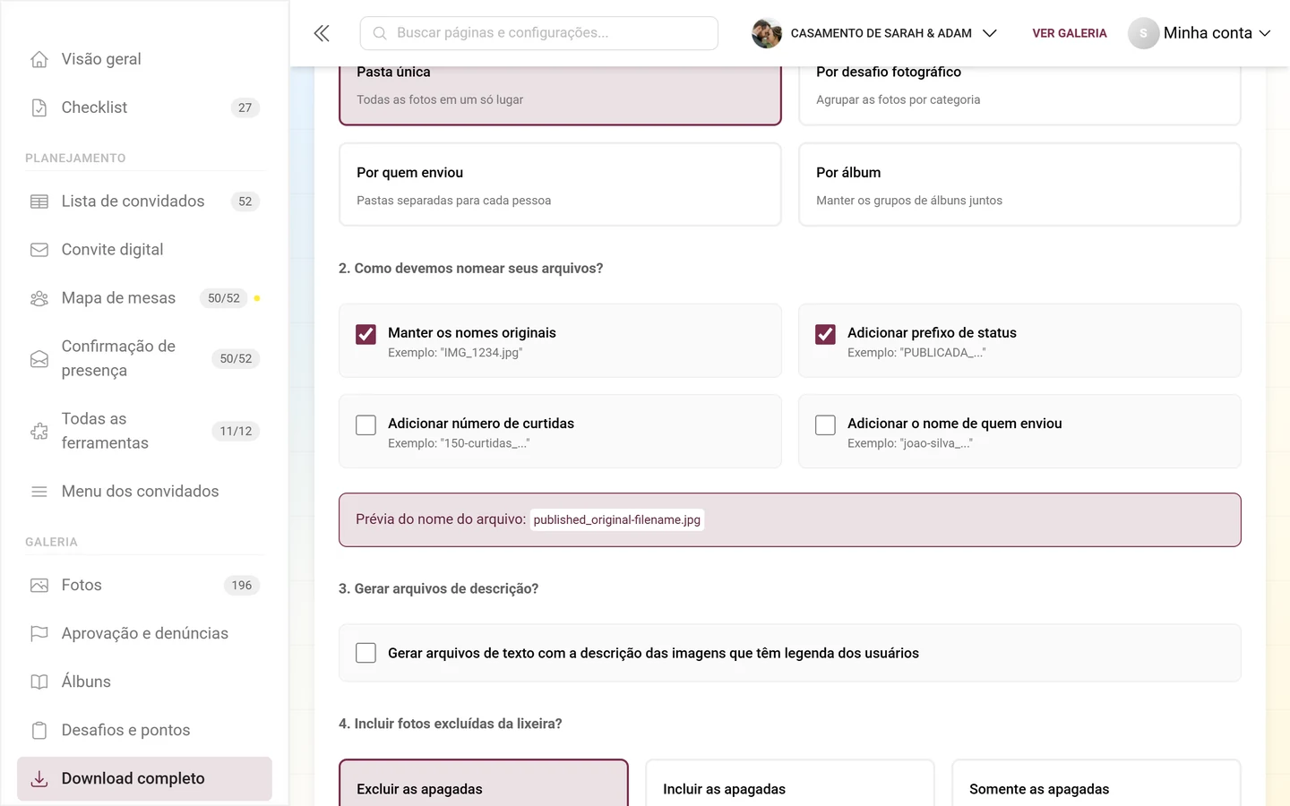 Etapa 2 do download avançado com as quatro caixas de nome e a pré-visualização