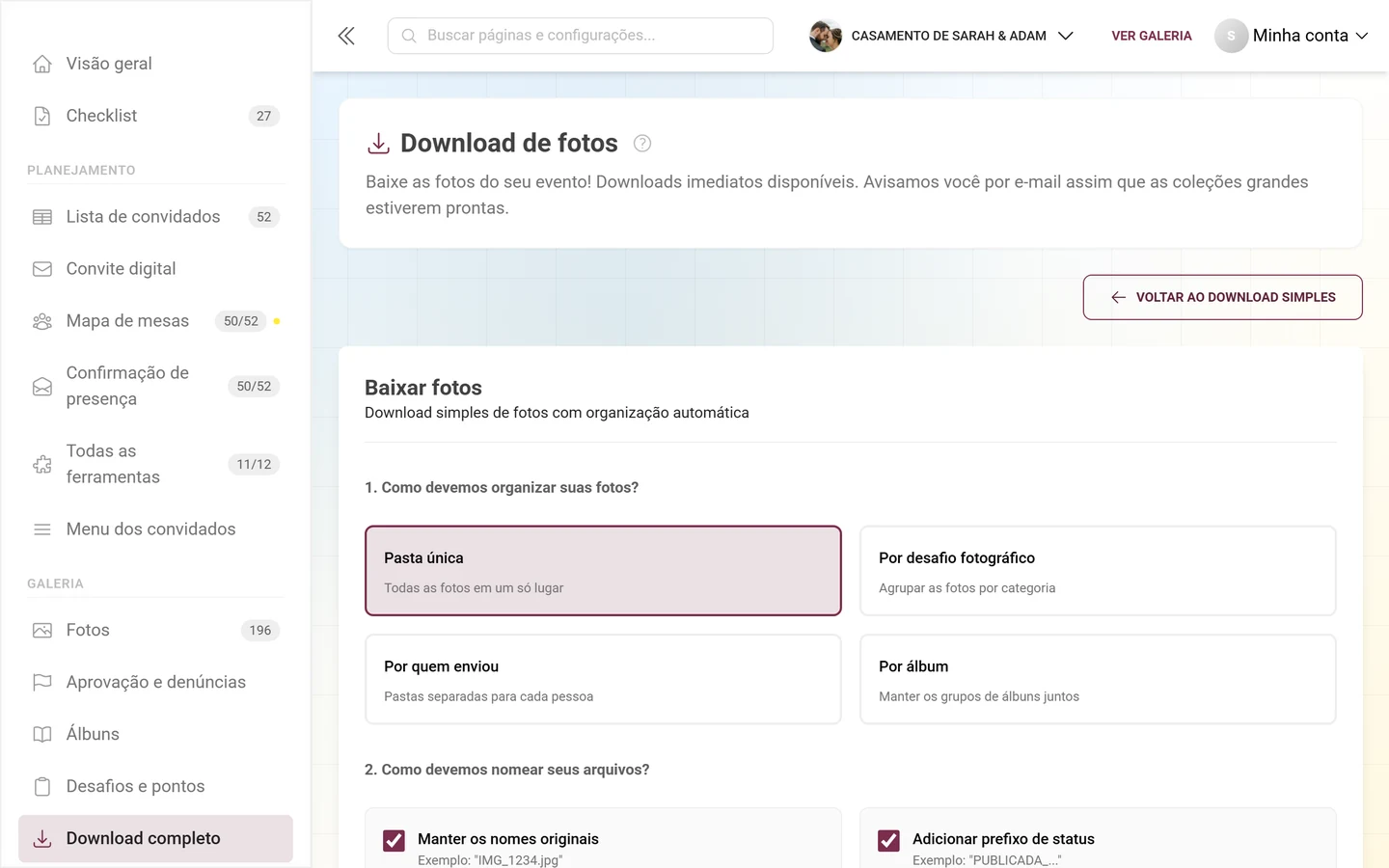 Download avançado com estrutura de pastas, filtros e seleção para a exportação em ZIP