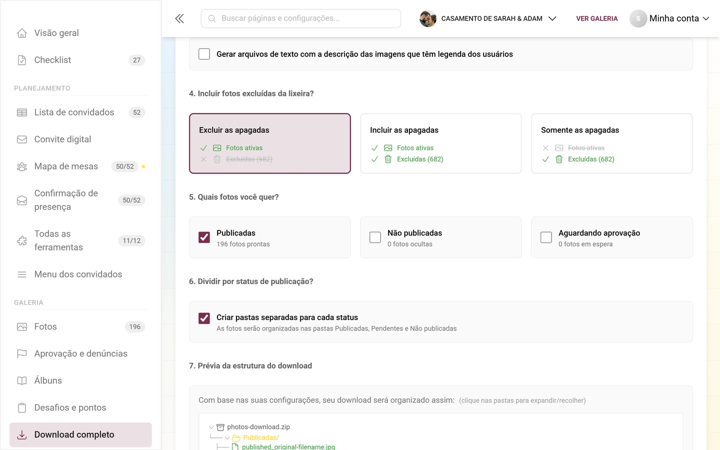 Etapas 4 a 6 do download avançado com os cartões da lixeira e as três caixas de status
