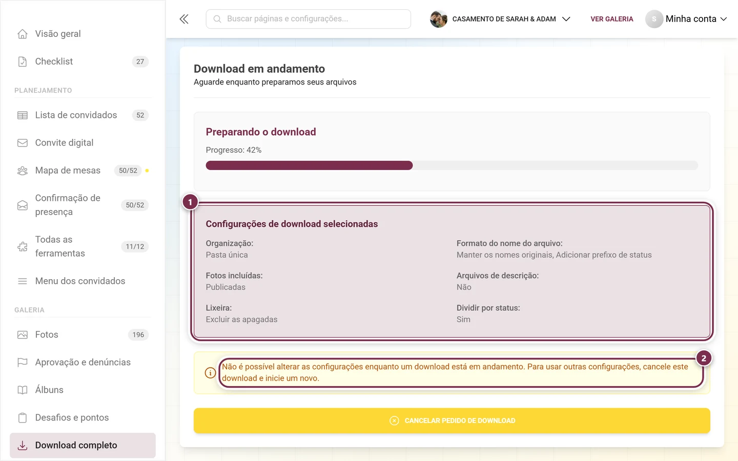 Resumo das configurações de download escolhidas e o aviso amarelo de bloqueio, ambos destacados