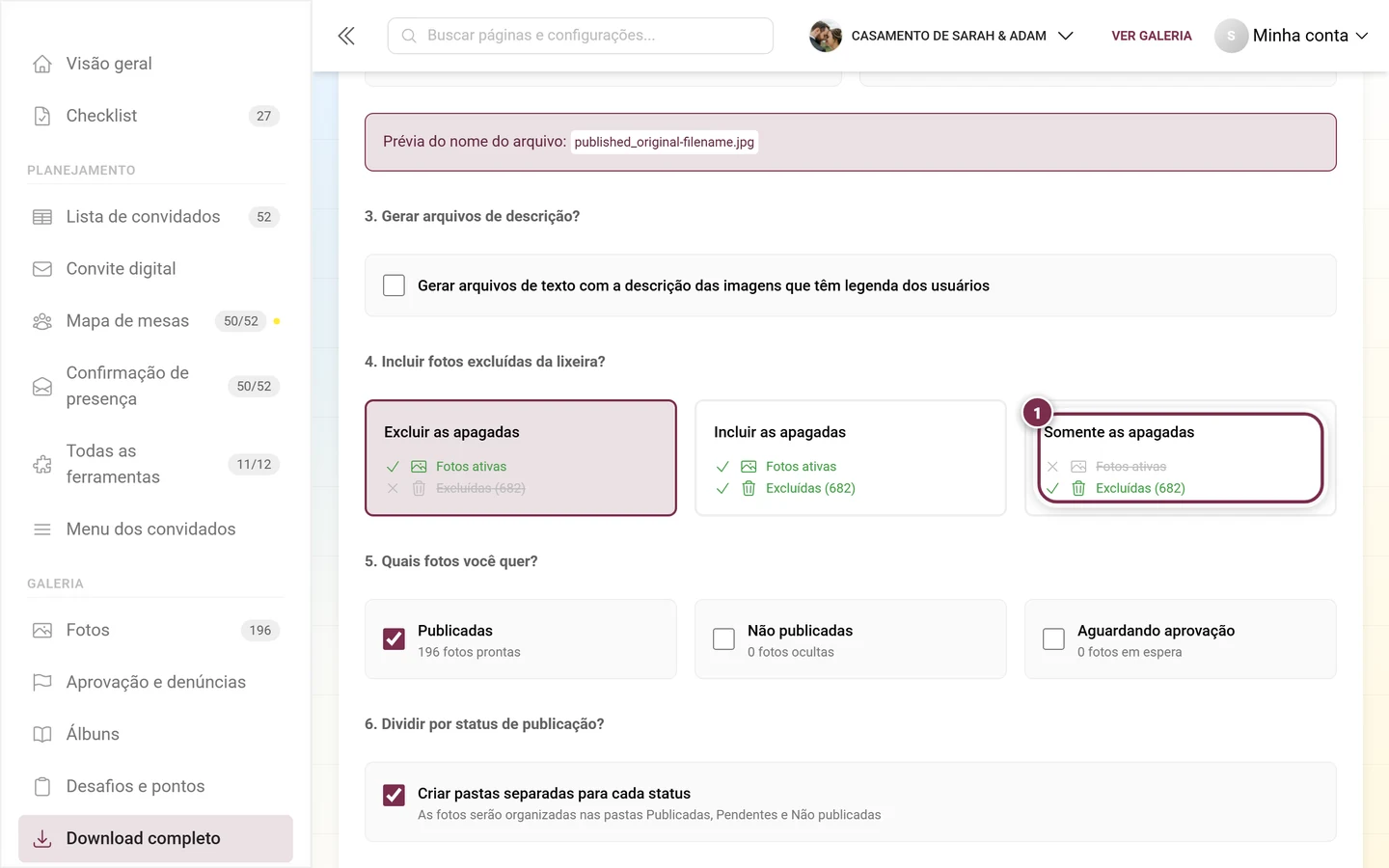 Cartão Somente as apagadas na quarta etapa do download avançado, destacado