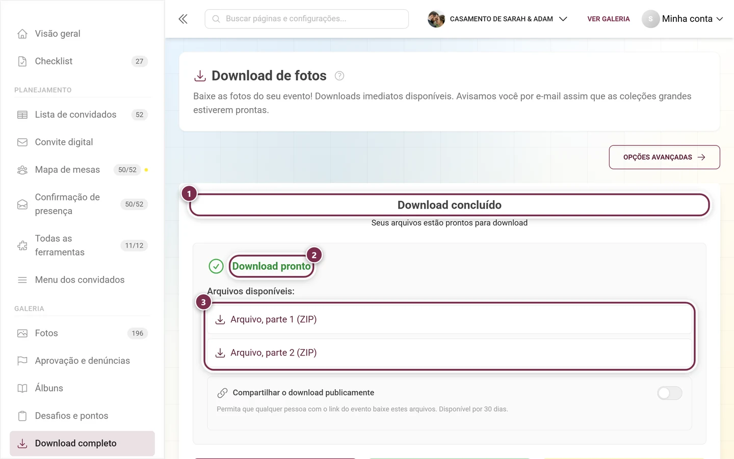 Tela de resultado com o título Download concluído, o aviso verde Download pronto e duas partes ZIP, todos destacados