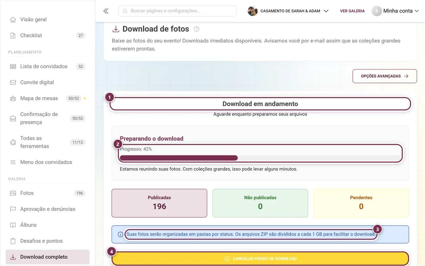 Tela de progresso do download com barra, linha informativa e botão de cancelar, todos destacados