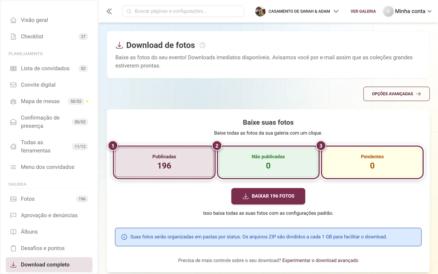 Os três blocos de estatísticas do download simples, todos destacados