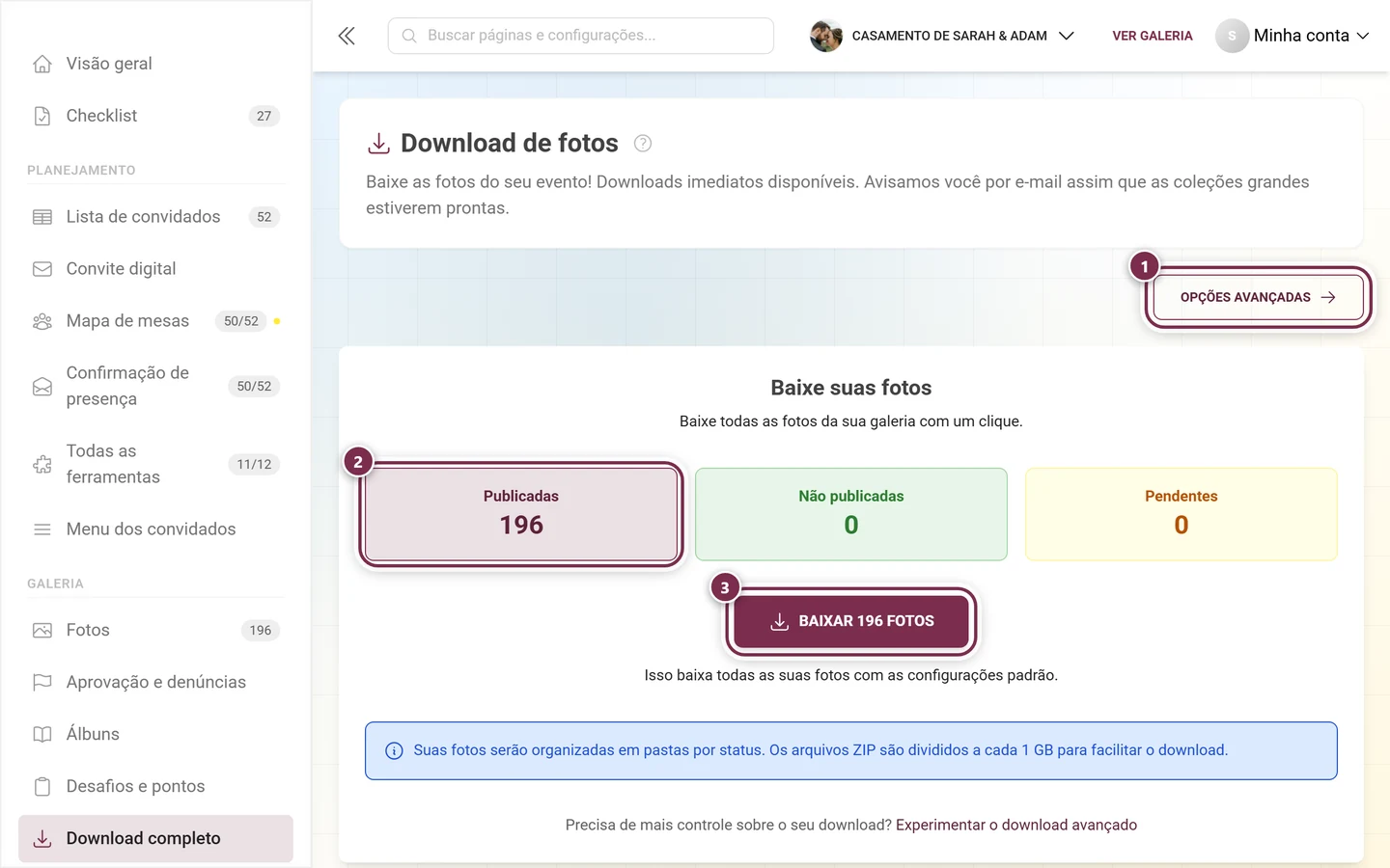 Página de download na área de administração, com o botão Opções avançadas, o bloco Publicadas e o botão de download destacados