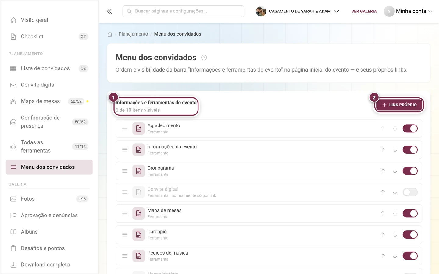 Editor do menu dos convidados com título, contador, o botão Link próprio e a lista ordenável