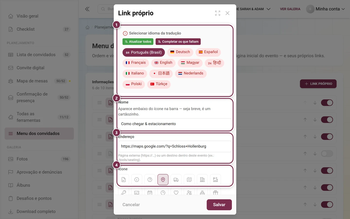 Diálogo Link próprio com idioma da tradução, nome, endereço e escolha de ícone