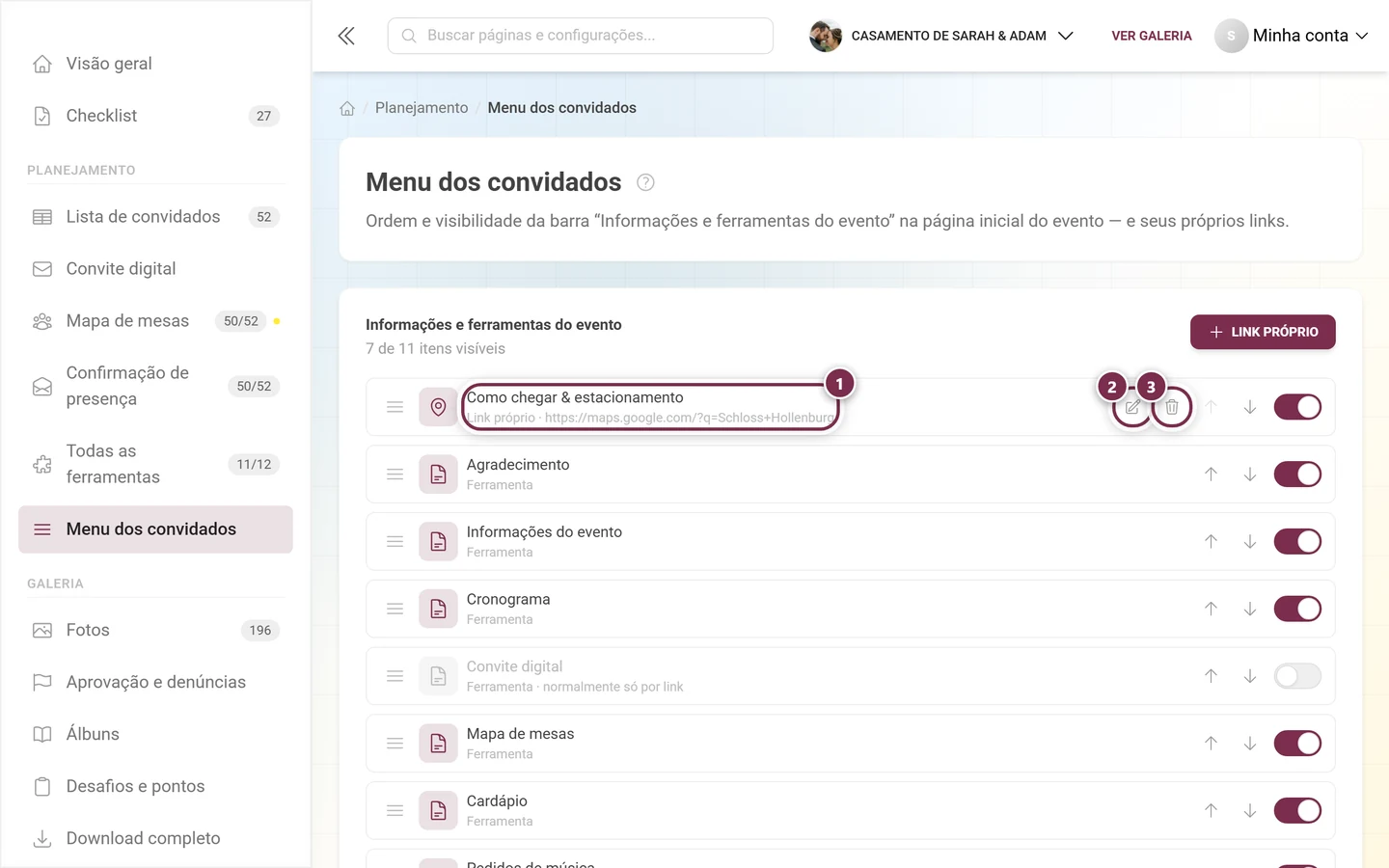 Linha de um link próprio com endereço, lápis e lixeira