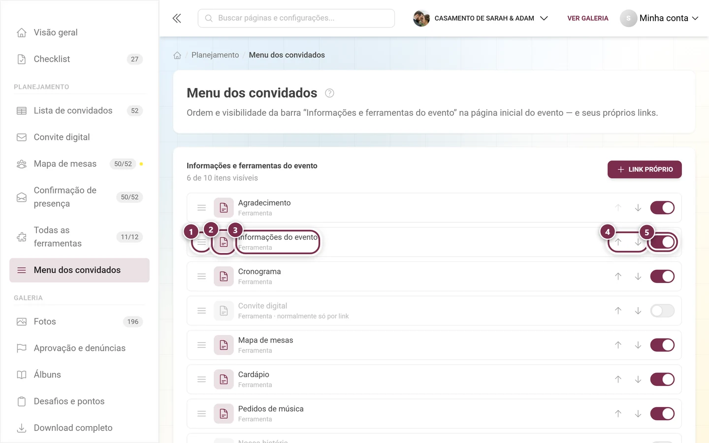 Uma linha do menu dos convidados com alça, ícone, nome, setas e interruptor