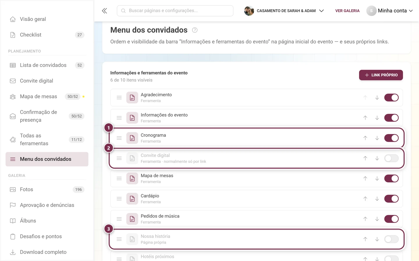 Três linhas do menu dos convidados com os tipos Ferramenta, Ferramenta só por link e Página própria