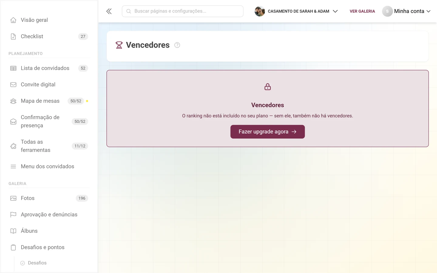Página Vencedores bloqueada, com ícone de cadeado e o botão Fazer upgrade agora