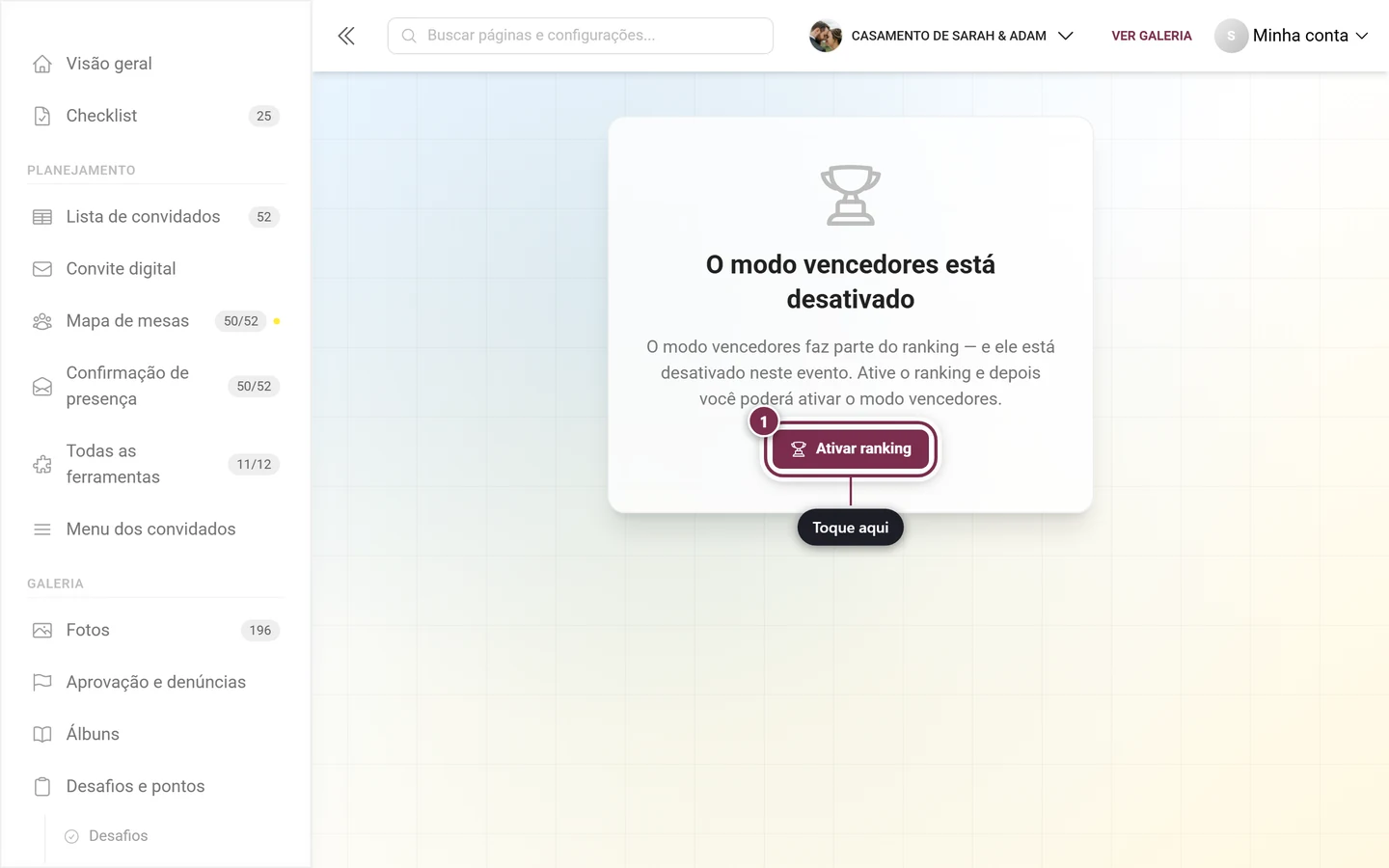 Aviso de que o ranking está desligado, com o botão Ativar ranking