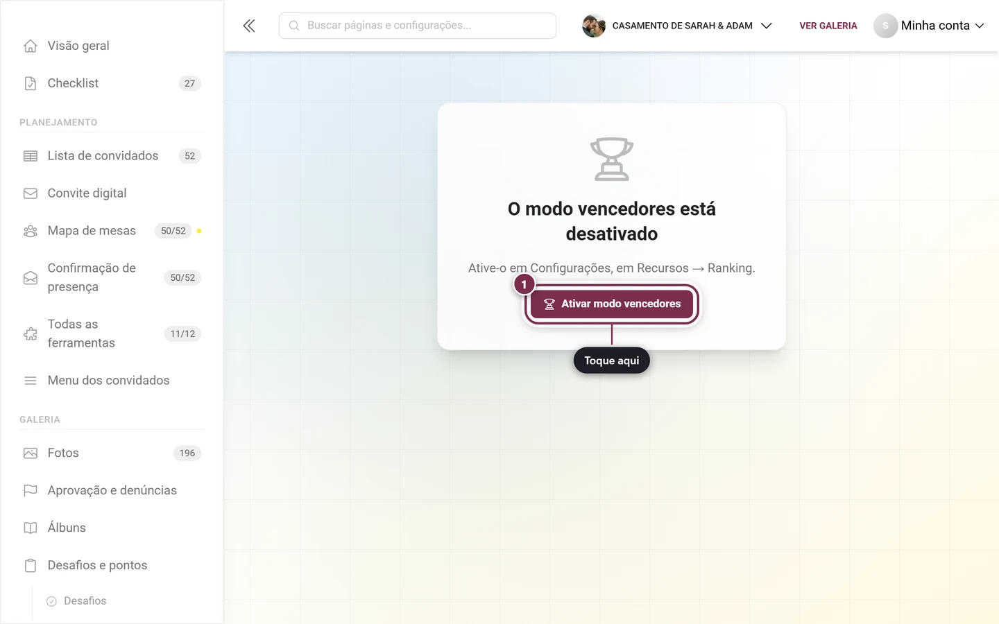 Aviso O modo vencedores está desativado, com o botão Ativar modo vencedores