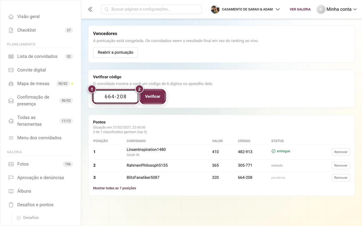 O campo Verificar código com o código digitado e o botão Verificar