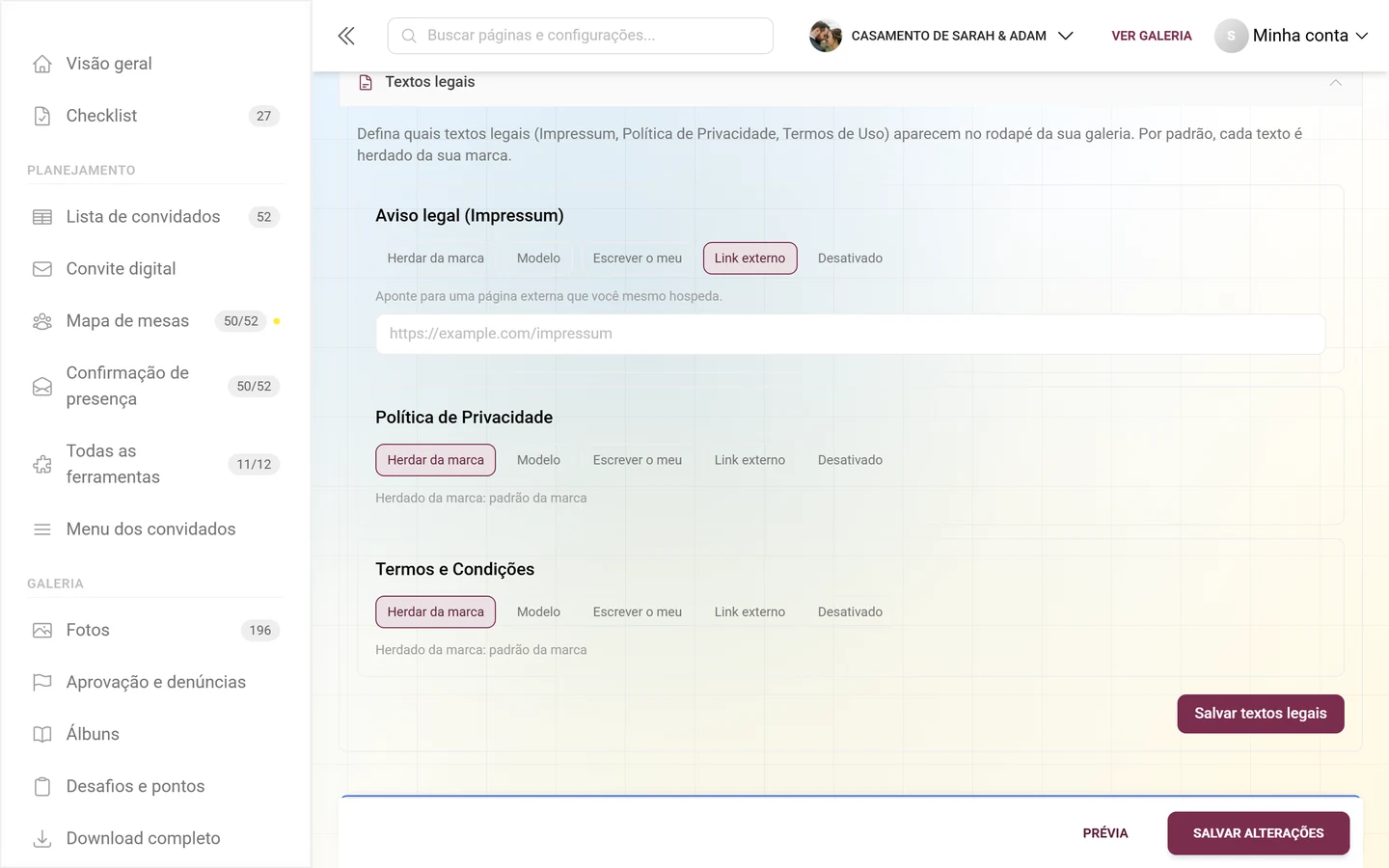 Cartão do aviso legal no modo Link externo com o campo de URL