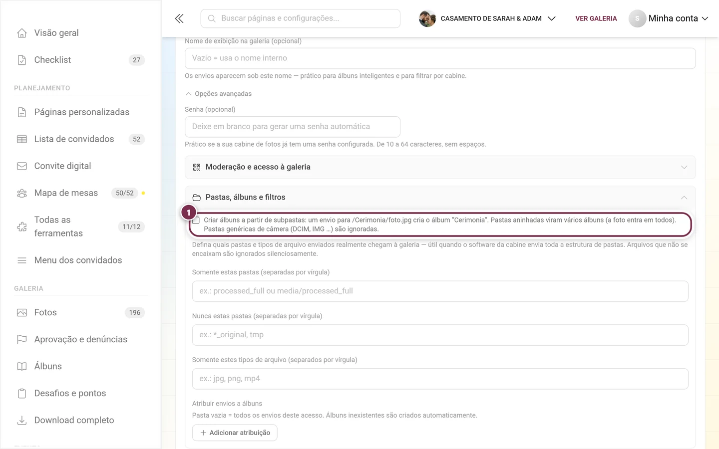Caixa Criar álbuns a partir de subpastas no topo do grupo Pastas, álbuns e filtros