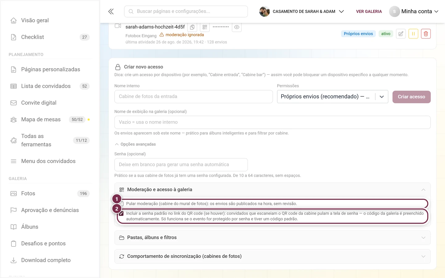 Grupo Moderação e acesso à galeria expandido, com duas caixas de seleção destacadas