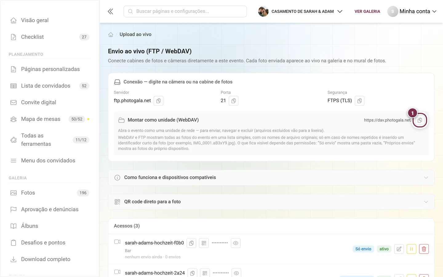 Linha Montar como unidade (WebDAV) com o botão de copiar ao lado do endereço destacado