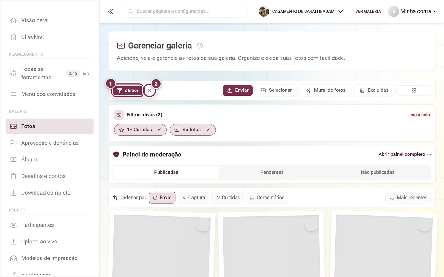 Barra de ações com o botão de filtro preenchido mostrando a quantidade e o X vermelho ao lado