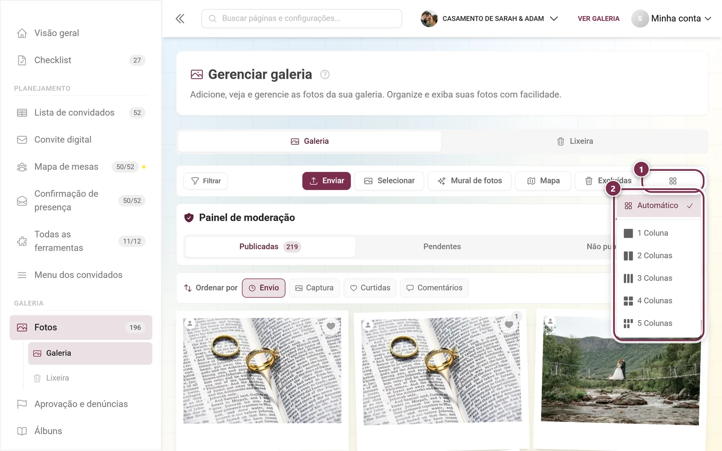 Menu de colunas aberto com os itens Automático e 1 a 5 colunas