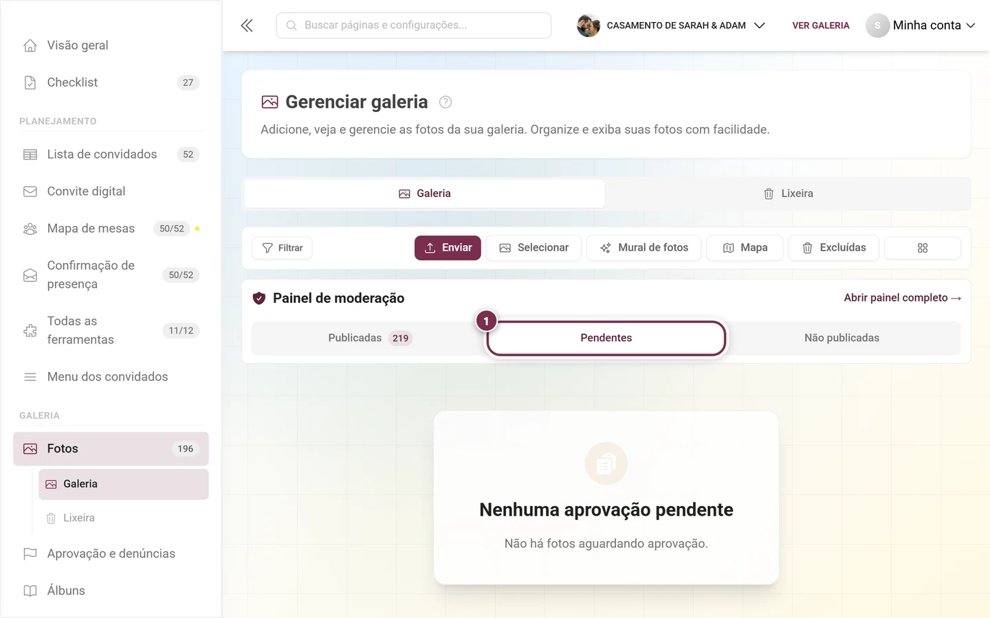 A aba Pendentes destacada e, abaixo, o estado vazio Nenhuma aprovação pendente