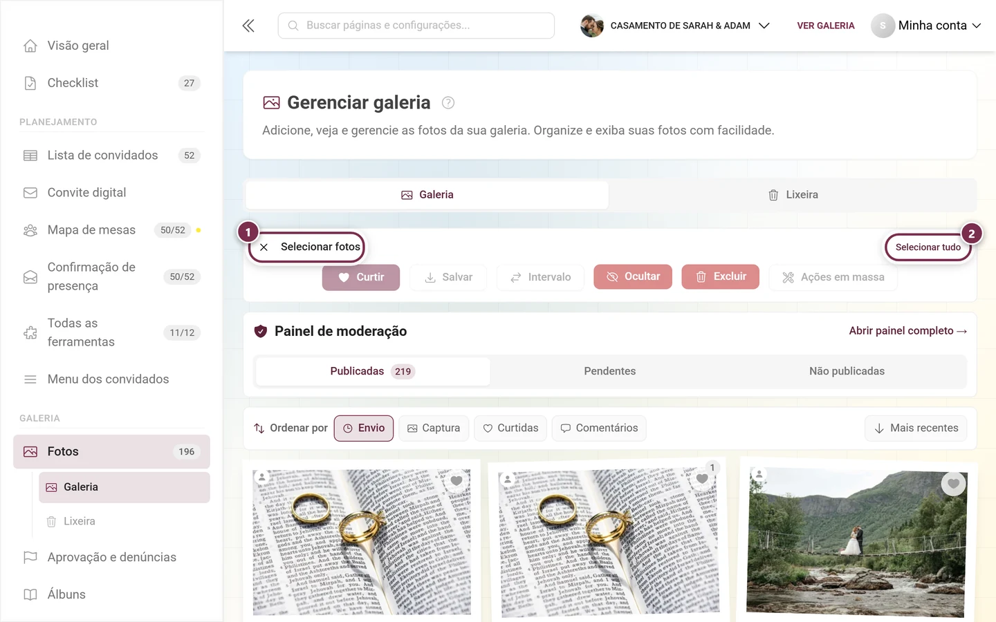 Barra de seleção com o título Selecionar fotos destacado e o botão Selecionar tudo destacado