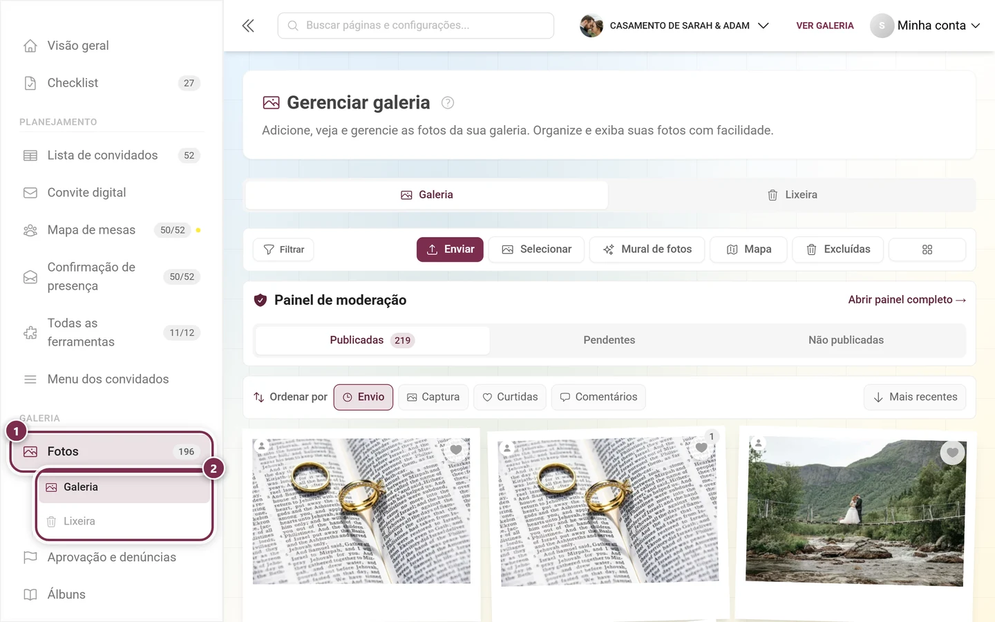 Menu à esquerda com o item Fotos destacado e seus subitens Galeria e Lixeira