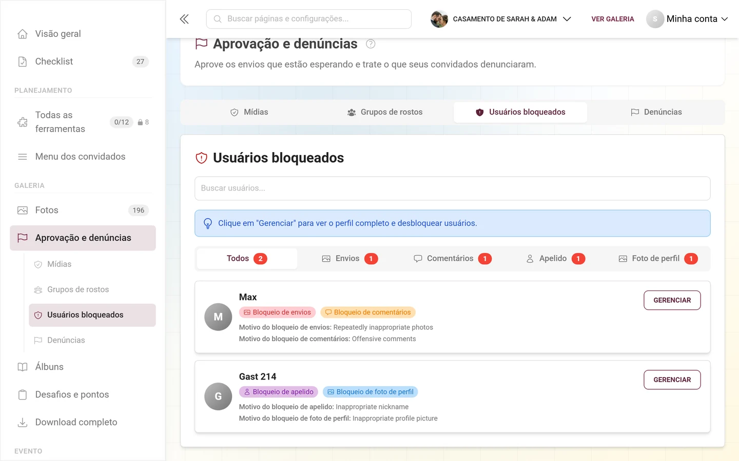 Aba Usuários bloqueados com subabas e as pessoas bloqueadas com seus selos de bloqueio