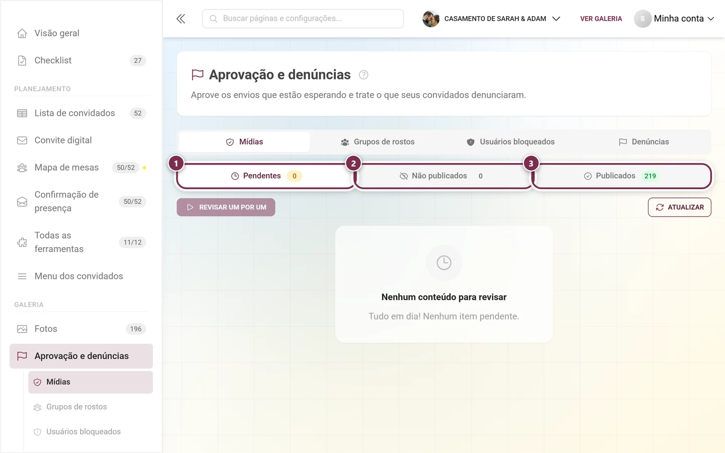 As três abas de status dentro da aba Mídias, todas destacadas