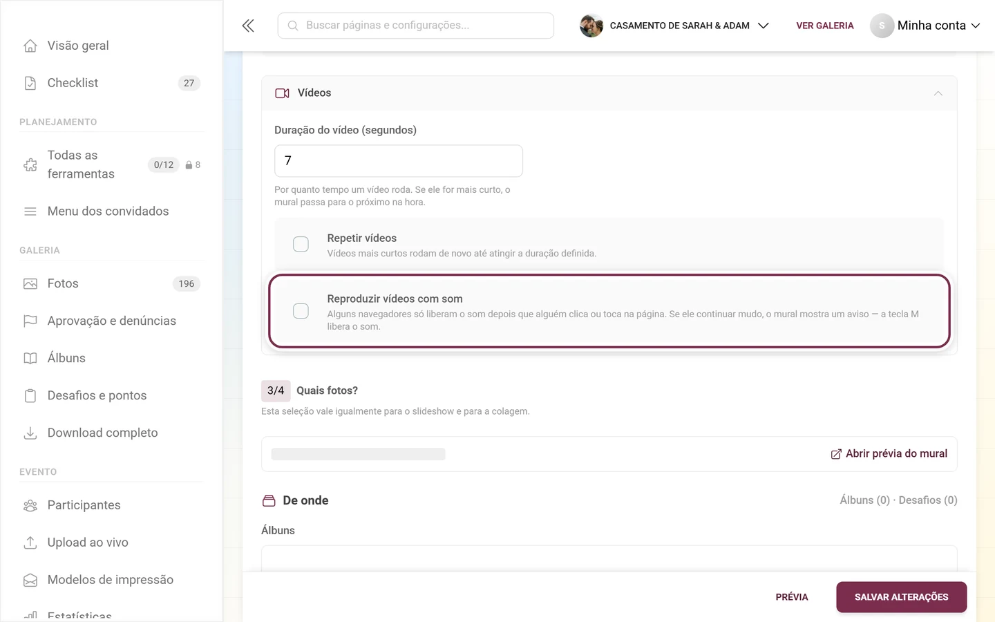 Seção expandida Vídeos com o interruptor Reproduzir vídeos com som destacado