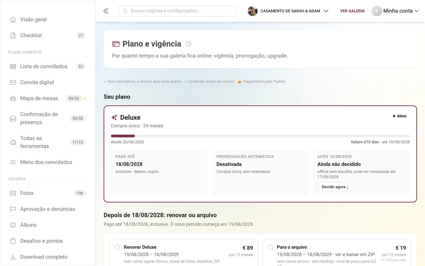 Área de plano com o plano atual e os recursos incluídos