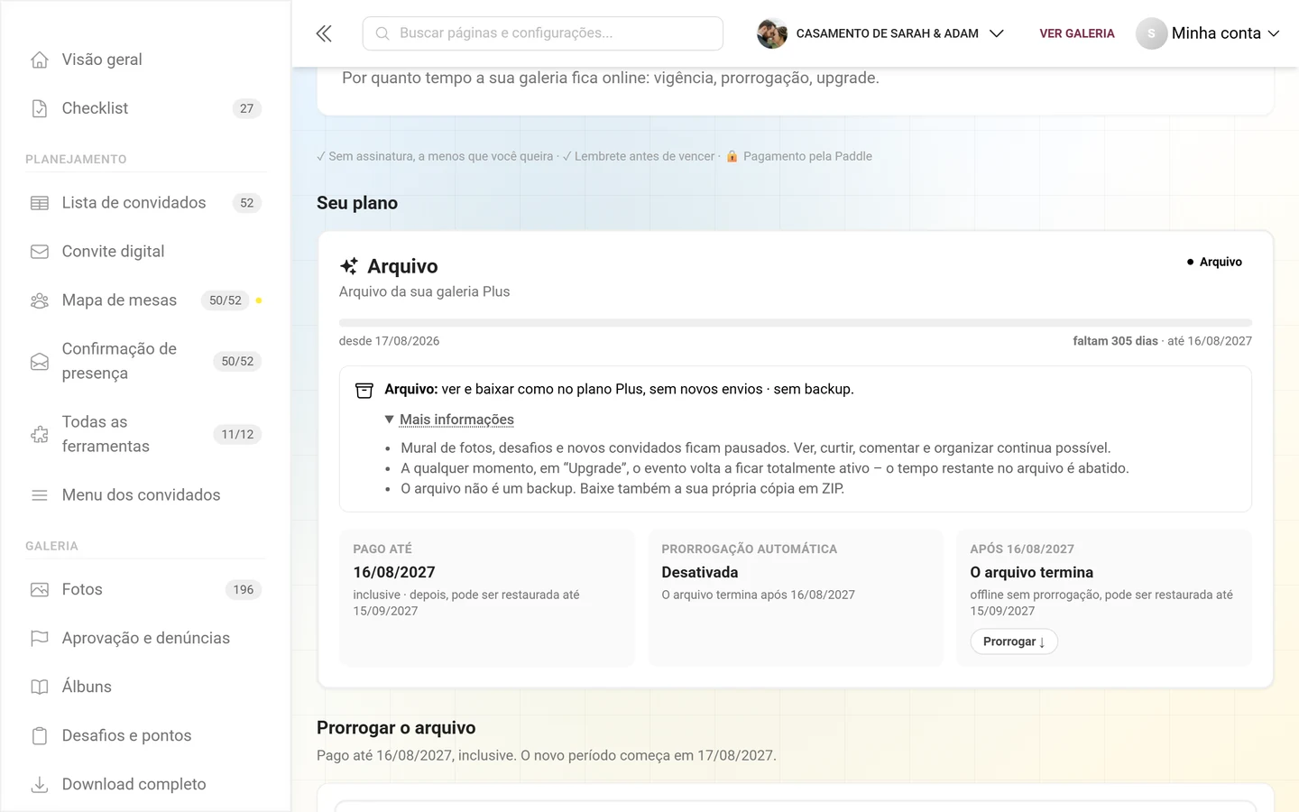 Cartão Seu plano no arquivo, com moldura roxa, selo Arquivo, barra de vigência e o aviso sobre o arquivo expandido