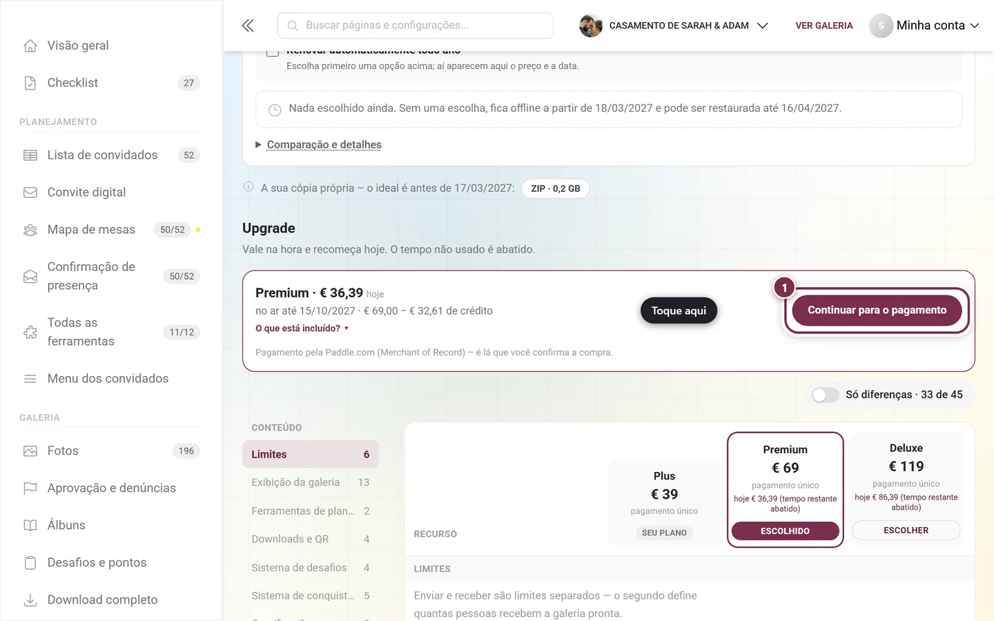 Barra de compra abaixo da tabela de comparação, com o plano, o valor de hoje e o botão Continuar para o pagamento destacado