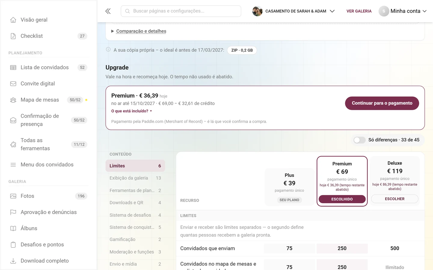 Bloco de upgrade com a tabela de comparação: à esquerda os recursos, à direita uma coluna por plano com preço e botão Escolher