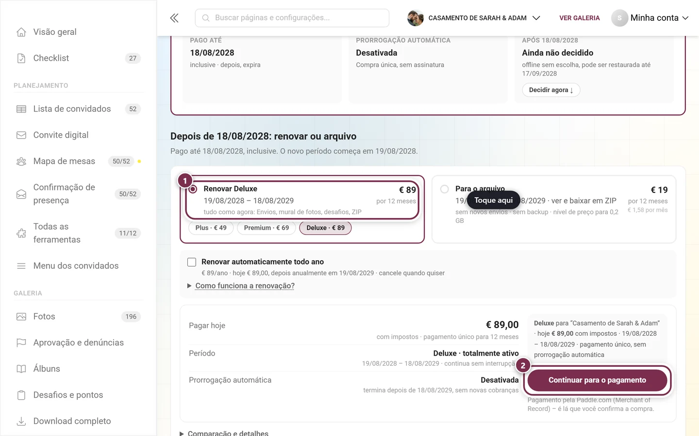 Bloco Depois da data: renovar ou arquivo, com o bloco Renovar plano selecionado, o resumo e o botão Continuar para o pagamento