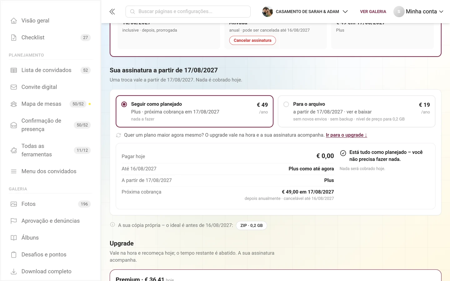 Bloco Sua assinatura a partir da data, com os blocos Seguir como planejado e Arquivo