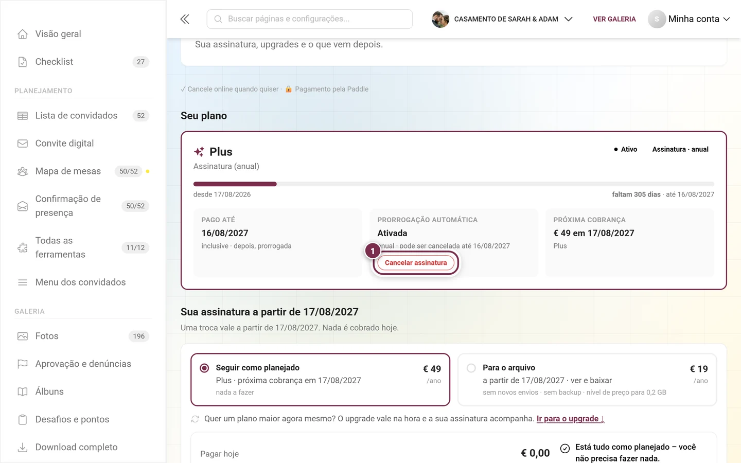 Cartão Seu plano com os selos Ativo e Assinatura · anual, os blocos Prorrogação automática Ativada e Próxima cobrança e o botão Cancelar assinatura