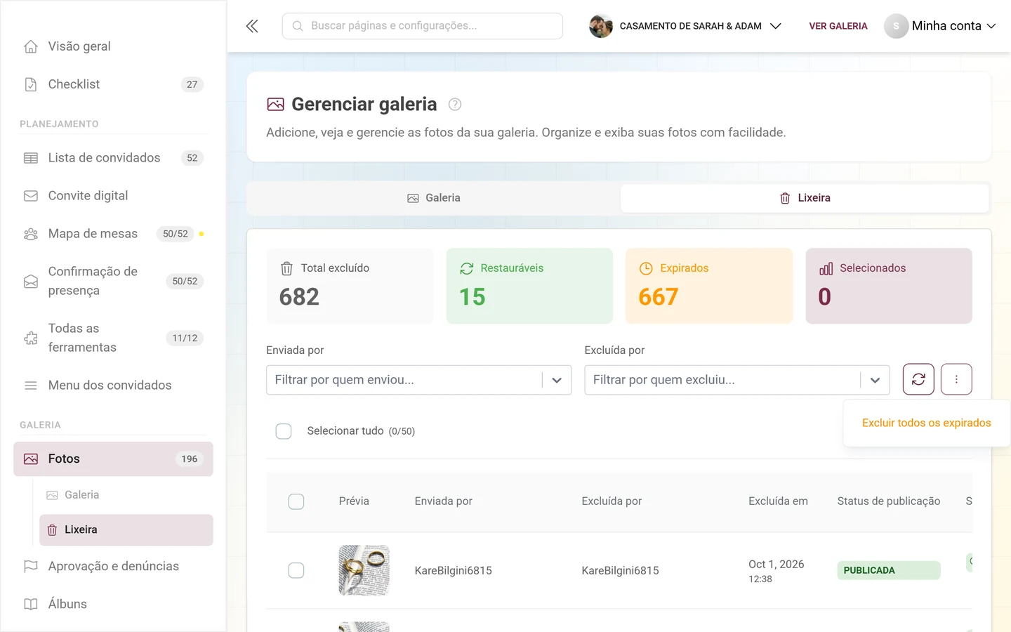 Menu de três pontos aberto na lixeira com o item Excluir todos os expirados